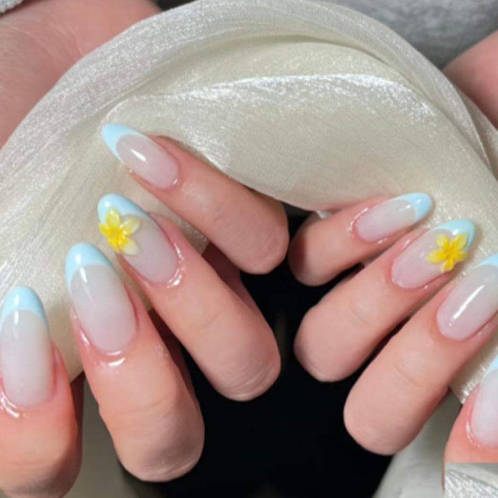 Tropical Blue French short round 3D floral press-on nails