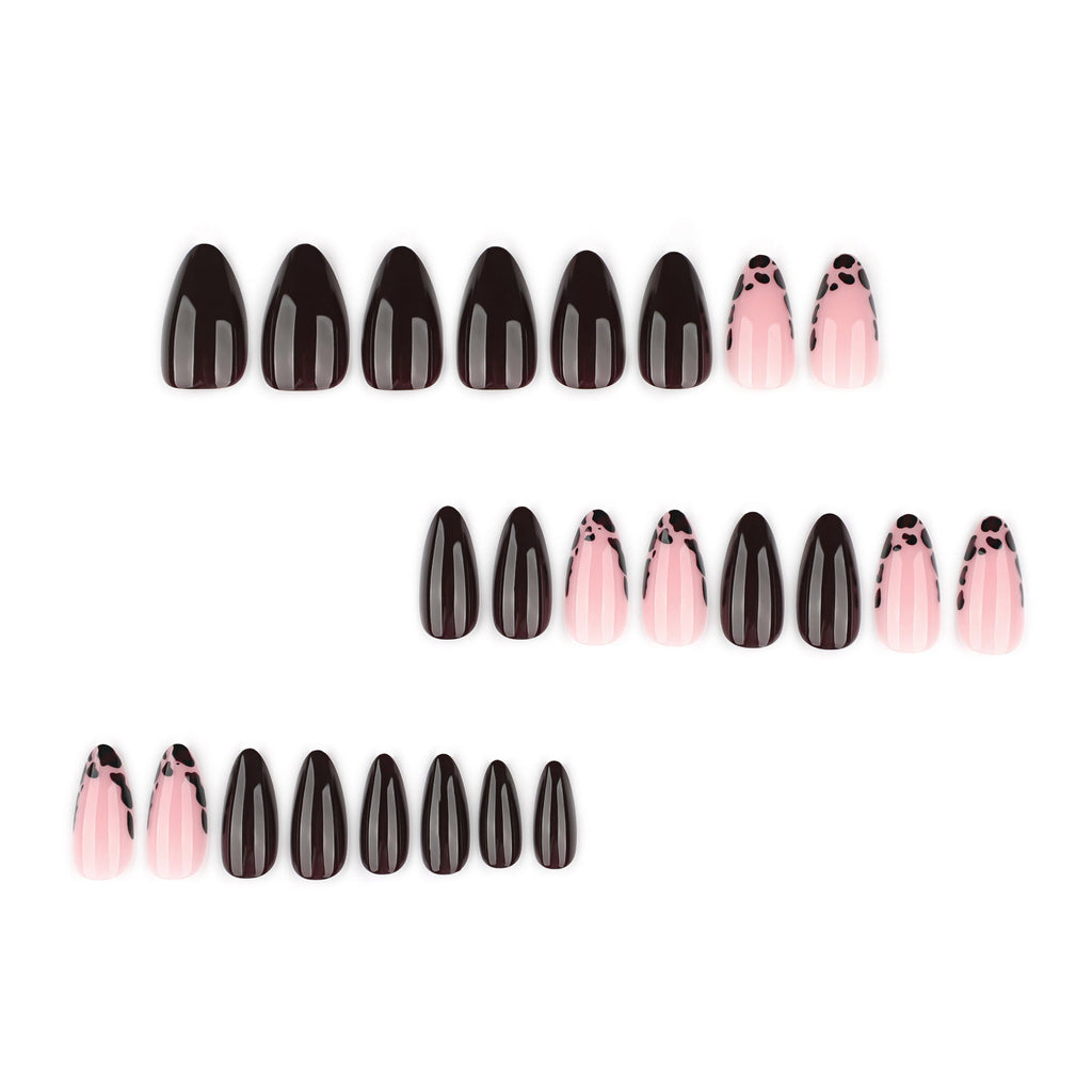 Pink Cow Print glossy almond press-on nails