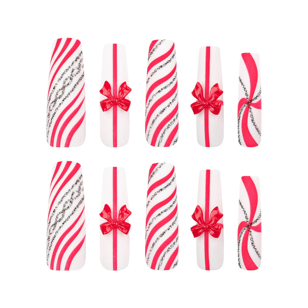Candy Cane Bow extra long holiday press-on nails