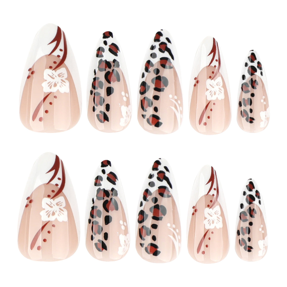 Leopard Blossom French short almond press-on nails