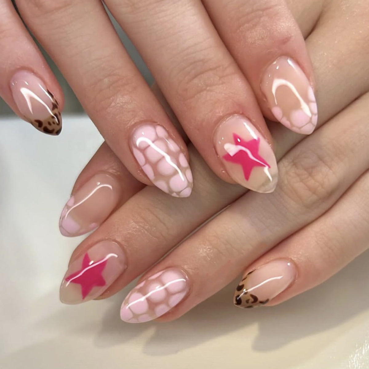 Scarlet Star Leopard French short almond press-on nails