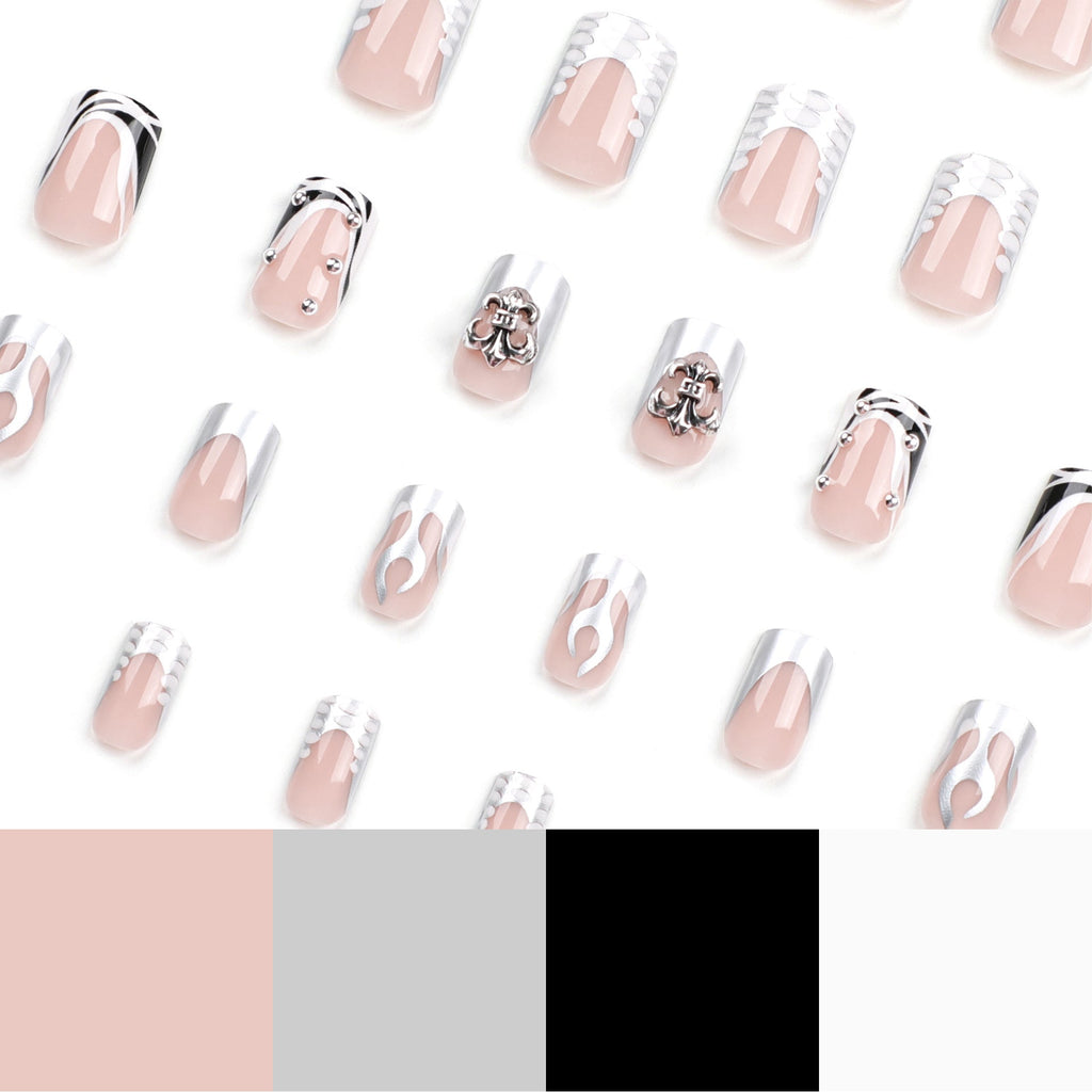 Silver Flame Nude square press-on nails