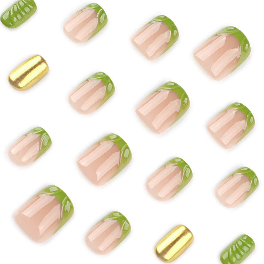 Green Gilded French 3D short square press-on nails