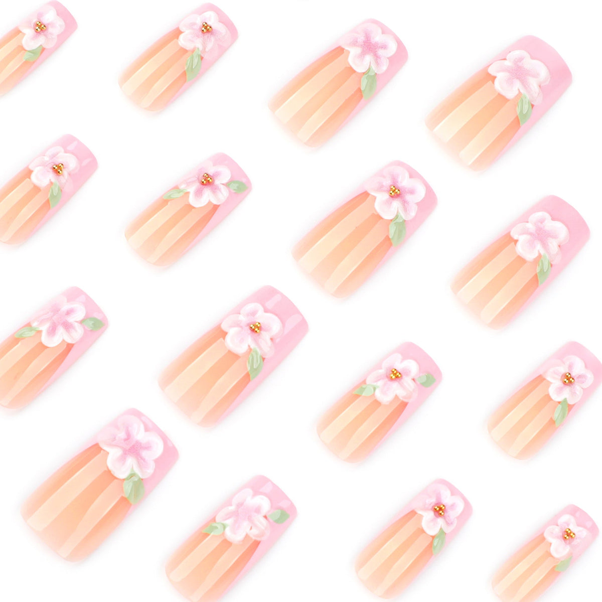 Pink 3D Blossom French long square press-on nails