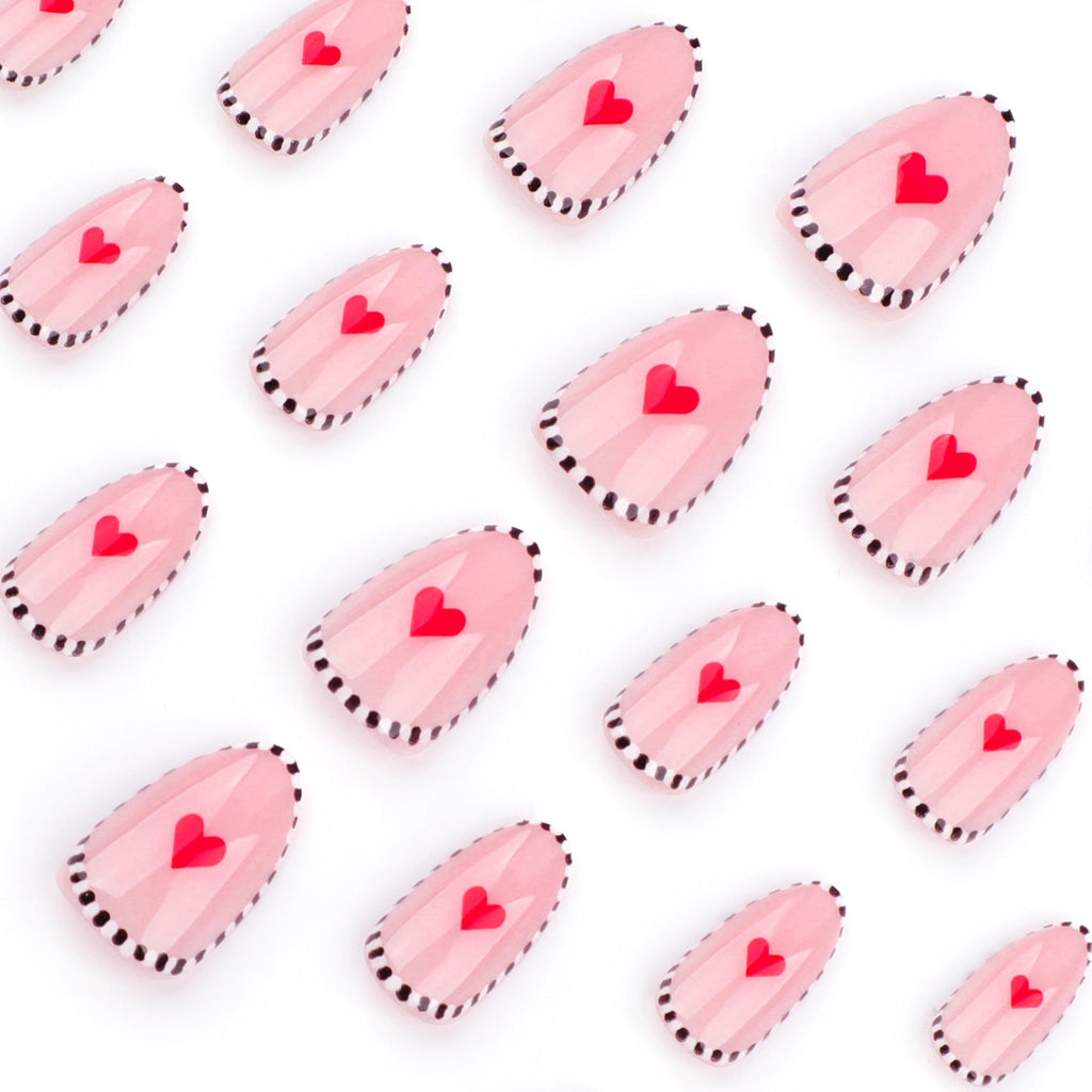Monochrome Heart Stripe short almond press-on nails
