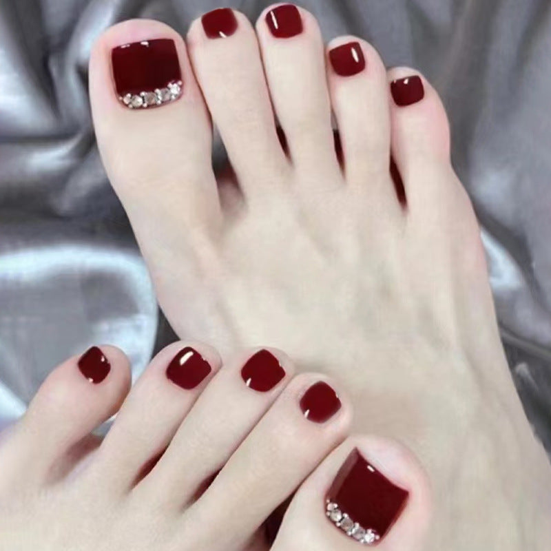Burgundy Crystal 24-piece press-on toenail set