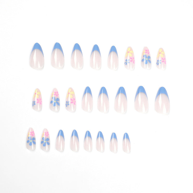 Blue Blossom French medium floral press-on nails