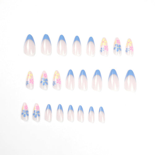 Blue Blossom French medium floral press-on nails
