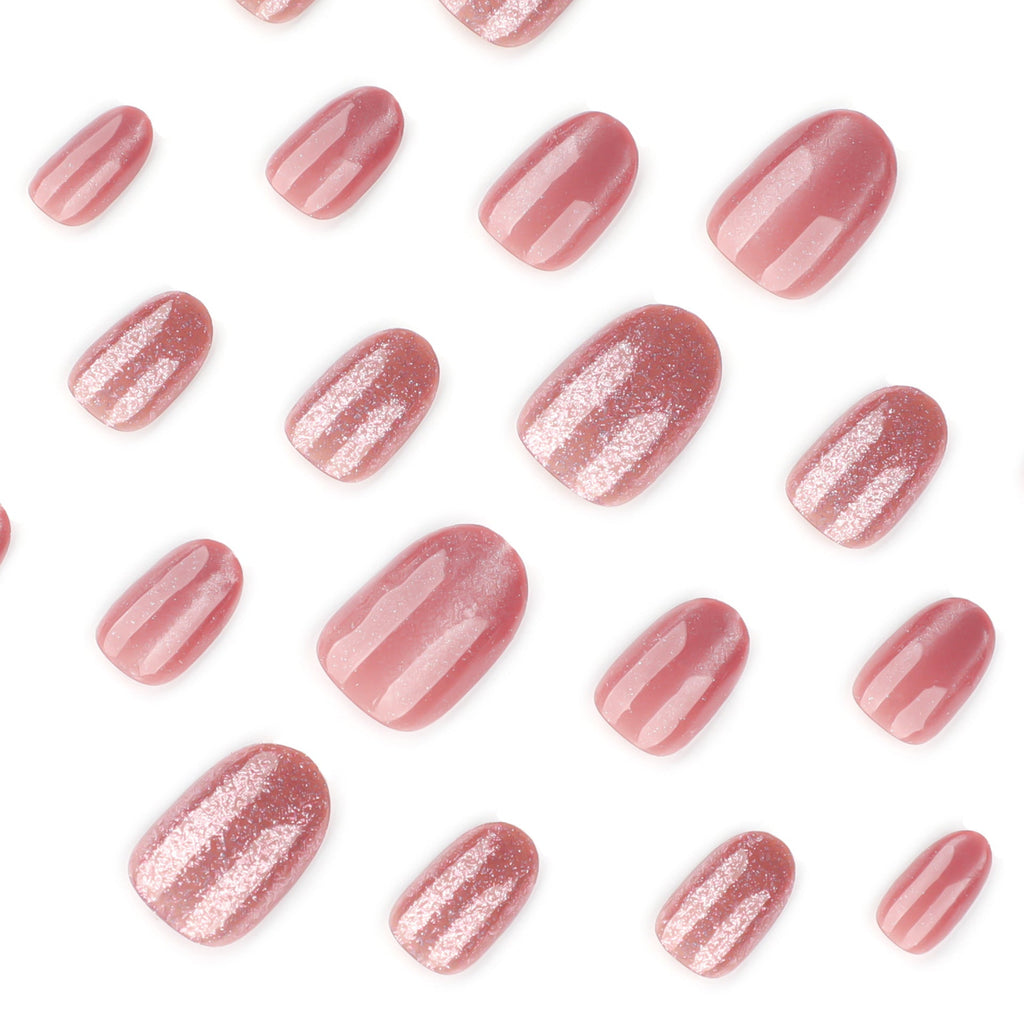 Blush Cat Eye Sparkle short round press-on nails