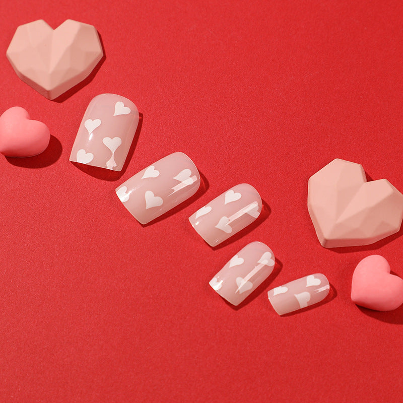 Nude Sweetheart white heart press-on nails