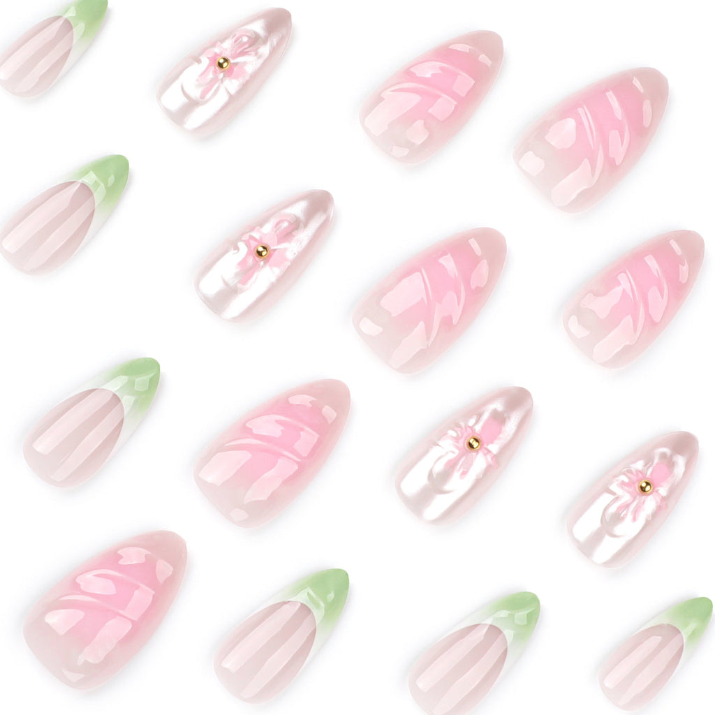 Sage Blossom French 3D short almond press-on nails