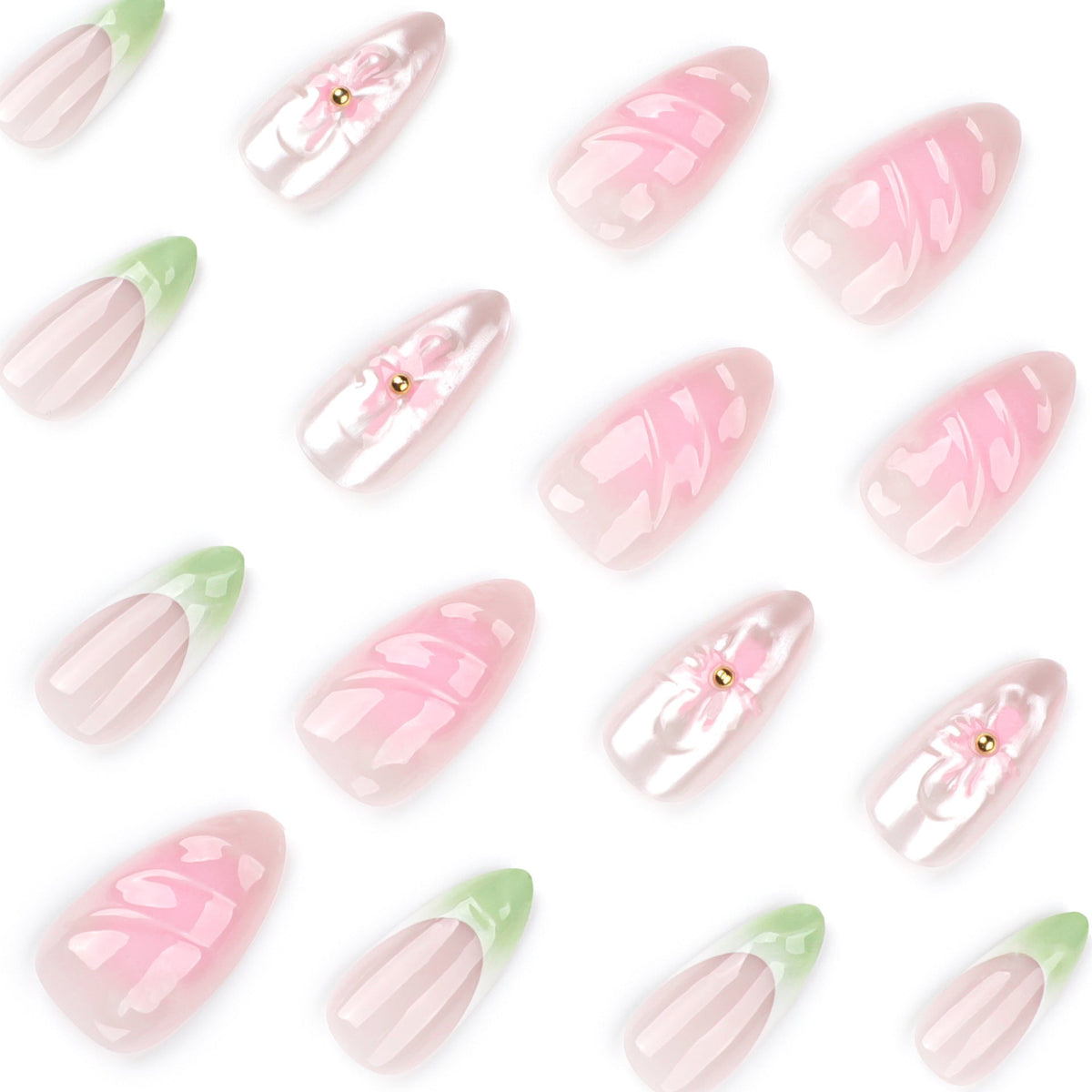 Sage Blossom French 3D short almond press-on nails