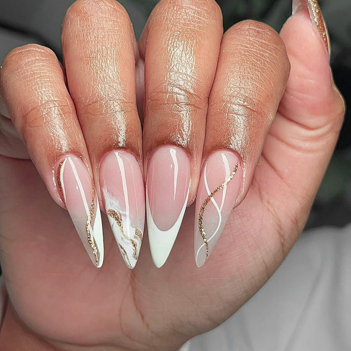 Blush Marble Glow almond press-on nails