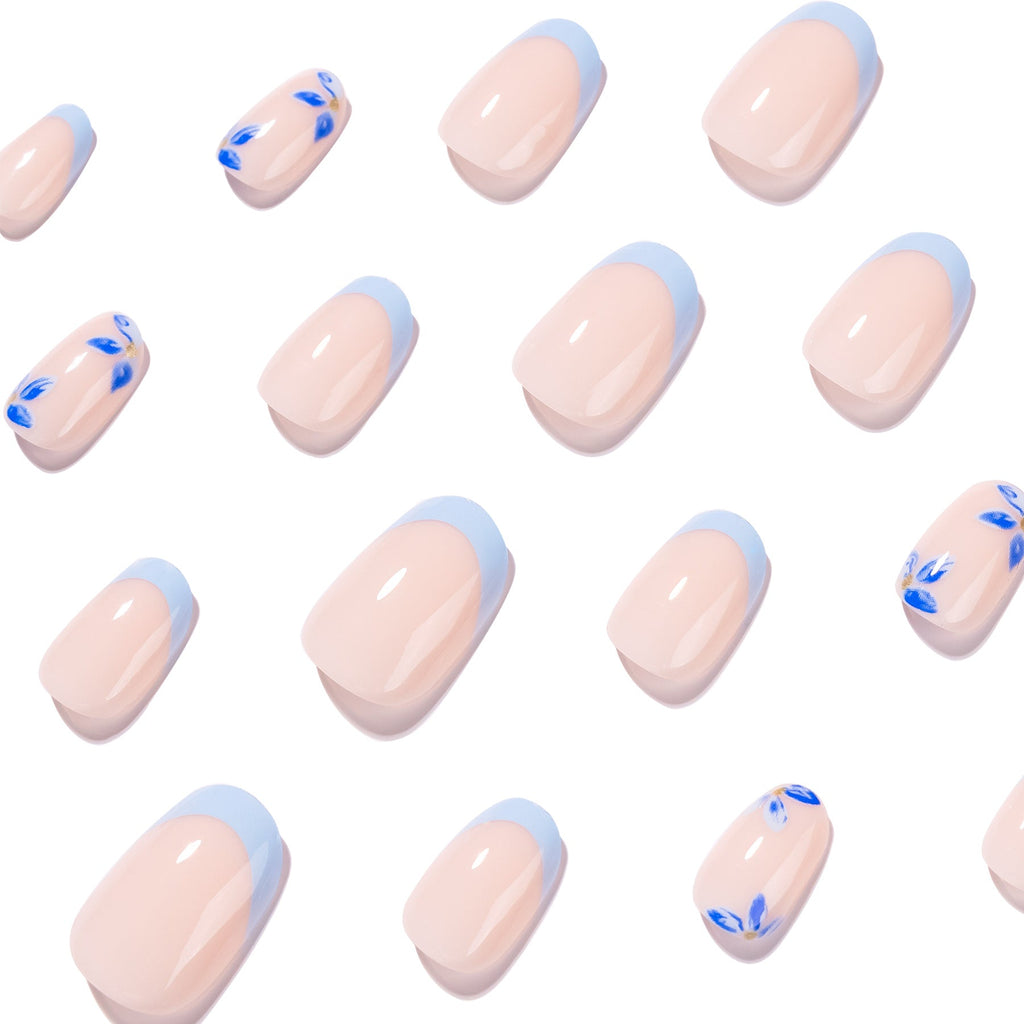 Blue Blossom French short oval press-on nails
