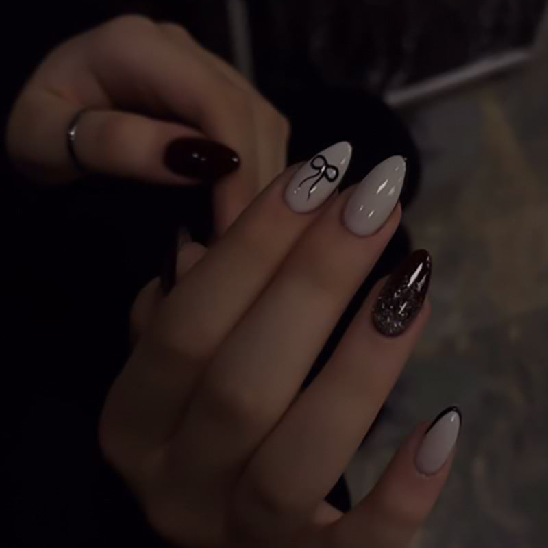 Black and White Bow Accent glossy press-on nails