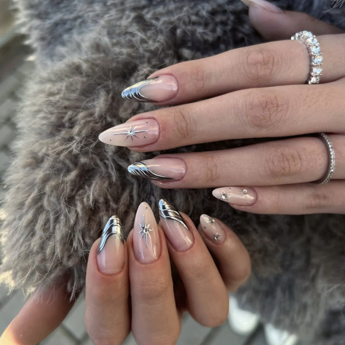 Silver Edge French pink short almond press-on nails