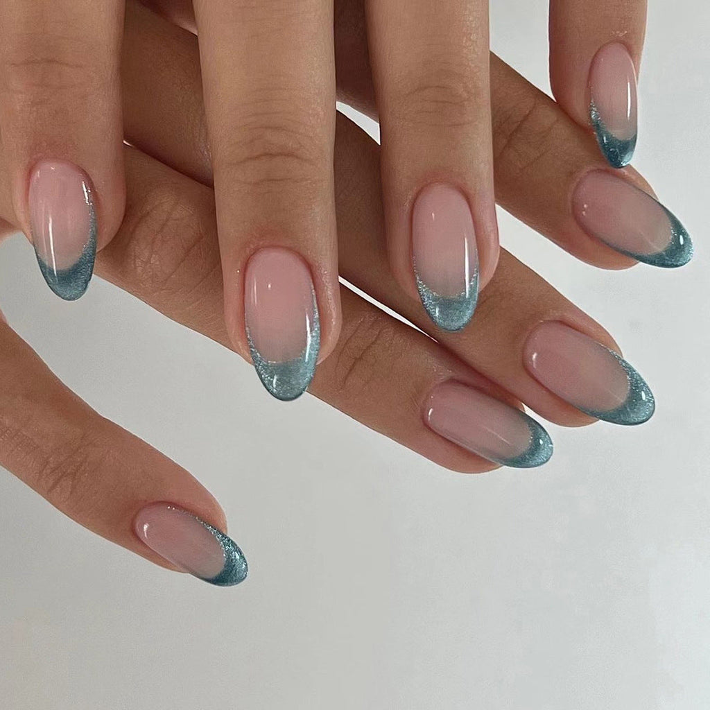 Emerald Cat Eye French almond press-on nails