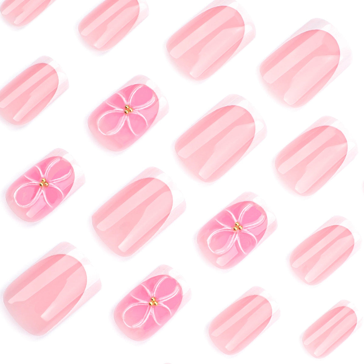 Blush 3D Blossom French short square press-on nails
