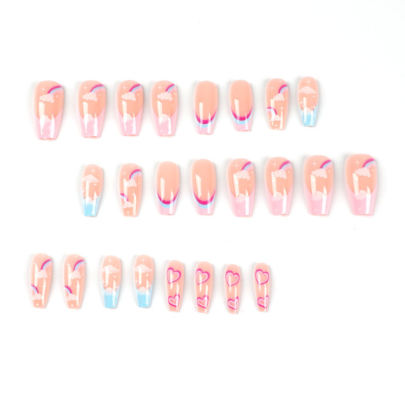 Rainbow Cloud French heart press-on nails