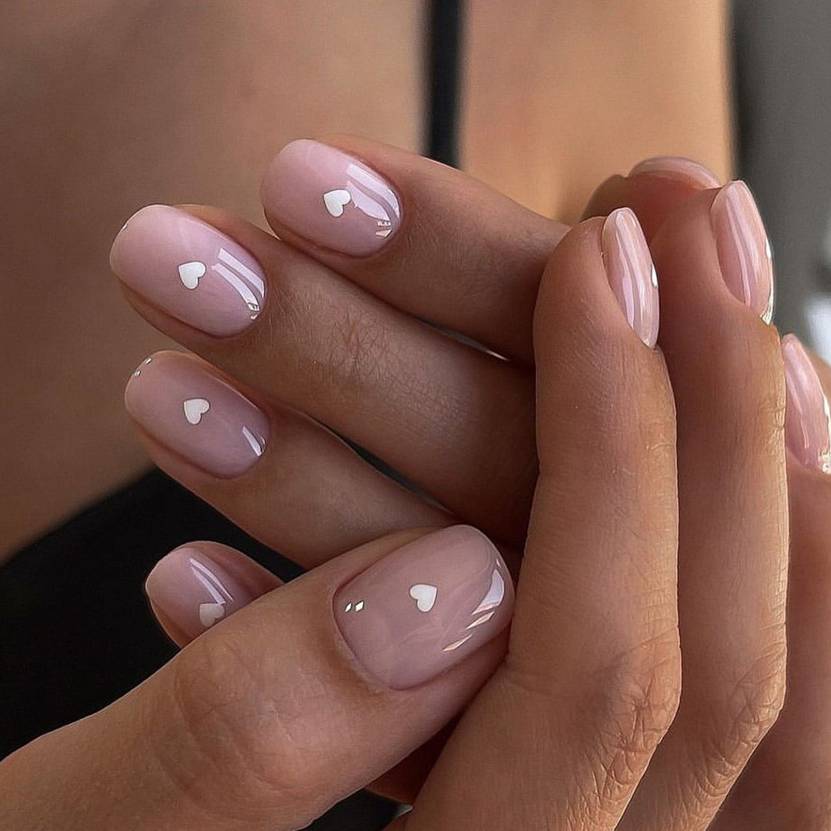 Mini White Heart nude press-on nails