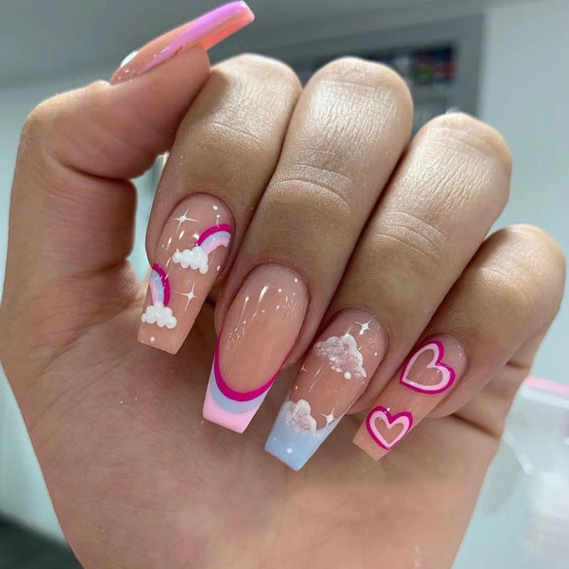 Rainbow Cloud French heart press-on nails