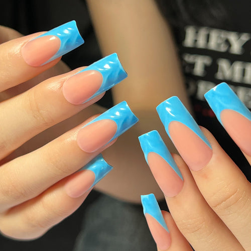 Blue Sculpted French 3D press-on nails