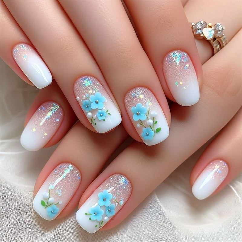 Blue Blossom Fade short square press-on nails