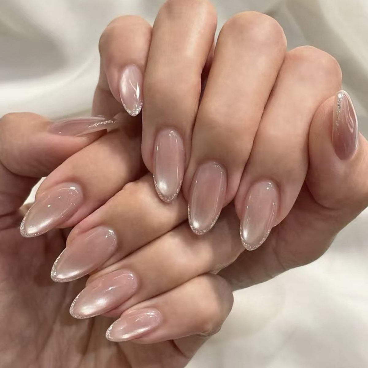Nude Cat Eye French glitter almond press-on nails