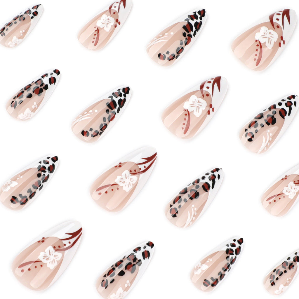 Leopard Blossom French short almond press-on nails