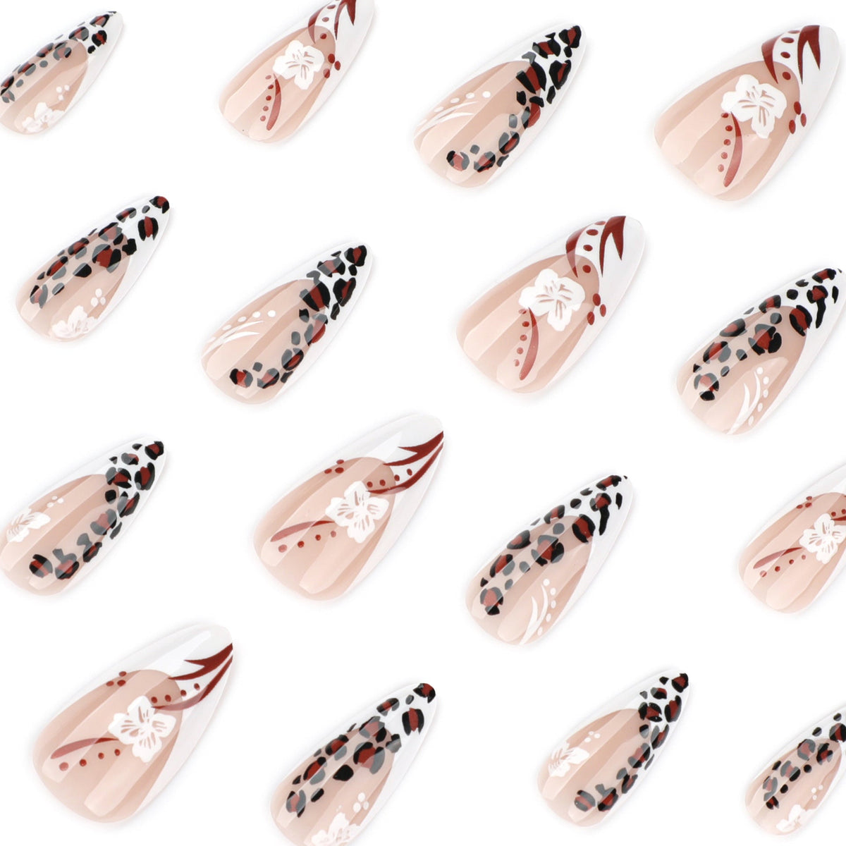 Leopard Blossom French short almond press-on nails