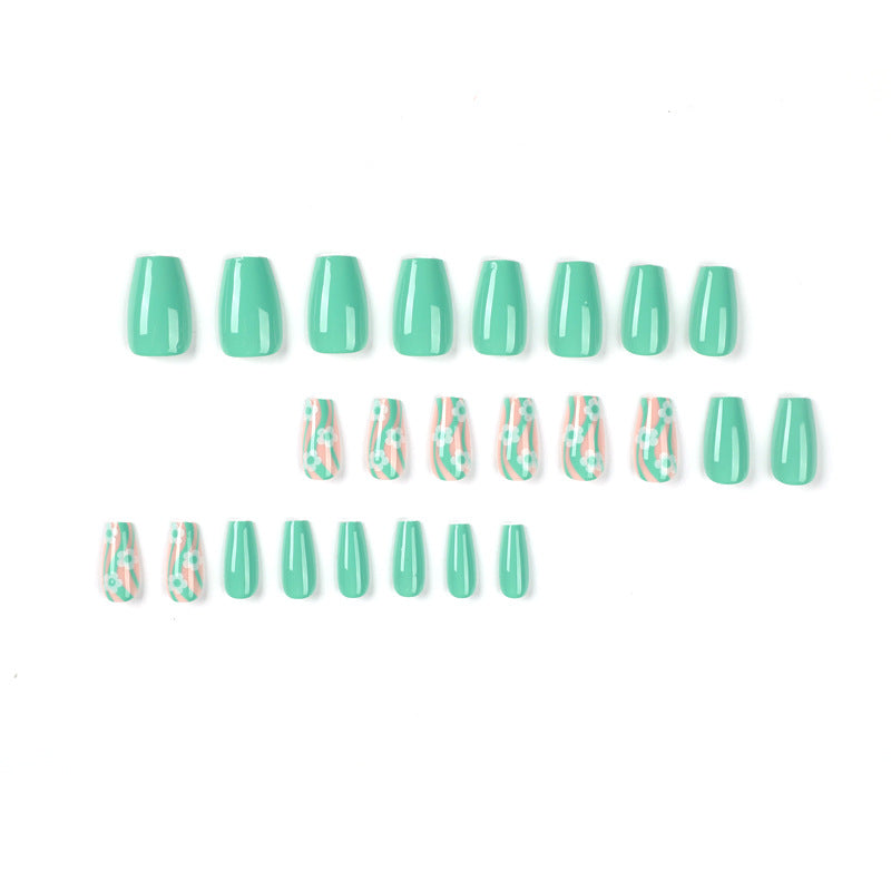 Green Garden Wave short floral press-on nails