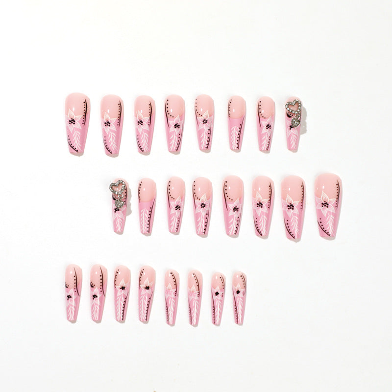 Pink Mosaic Heart rhinestone long press-on nails