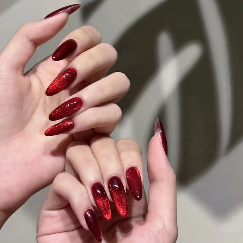 Valentine Ruby Cat Eye almond press-on nails