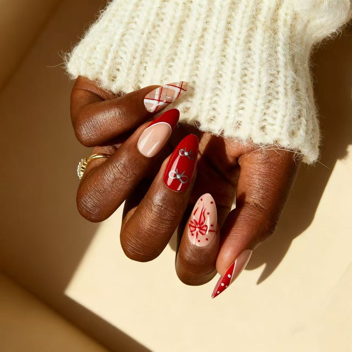 Festive Bow Plaid red press-on nails
