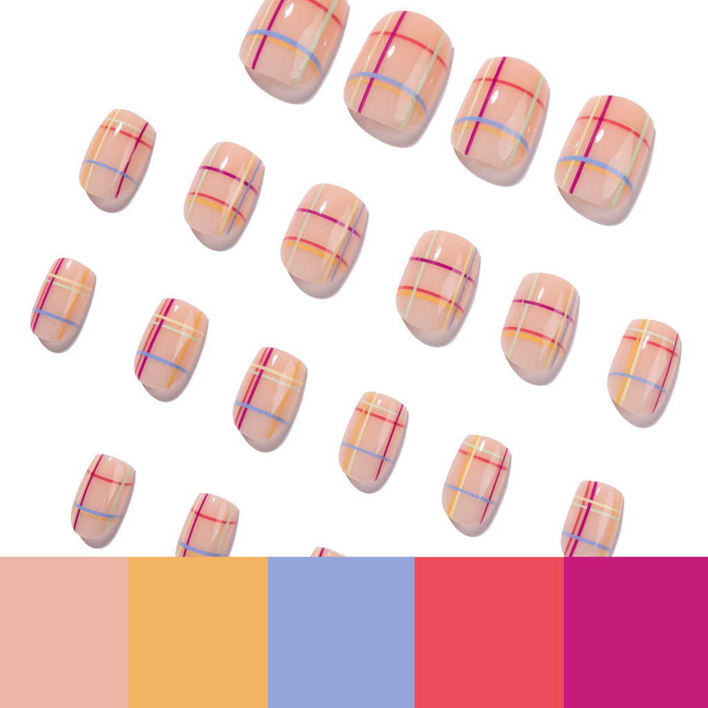 Pastel Plaid short square press-on nails