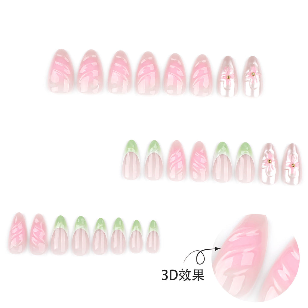 Sage Blossom French 3D short almond press-on nails