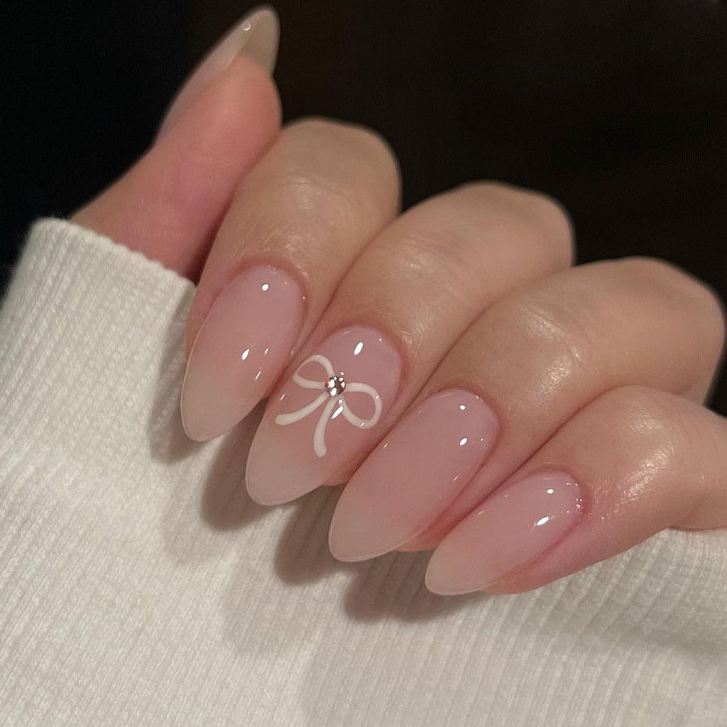 Ivory Bow short nude press-on nails