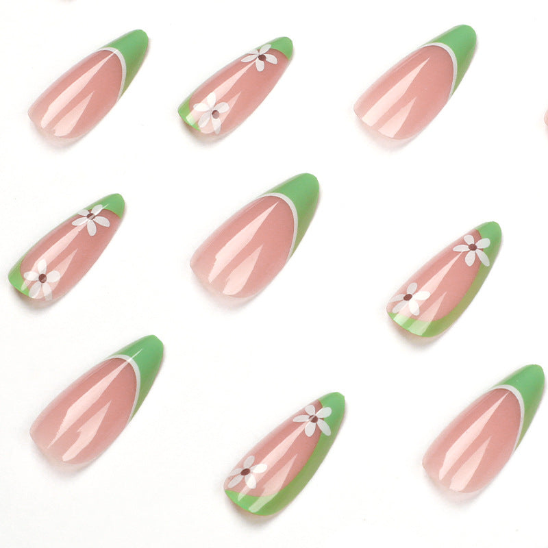 Green Blossom French extra short floral press-on nails
