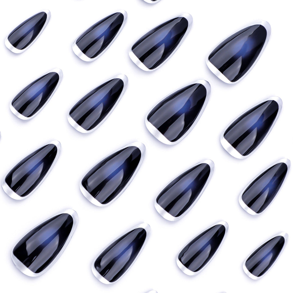 Midnight Silver French short almond press-on nails