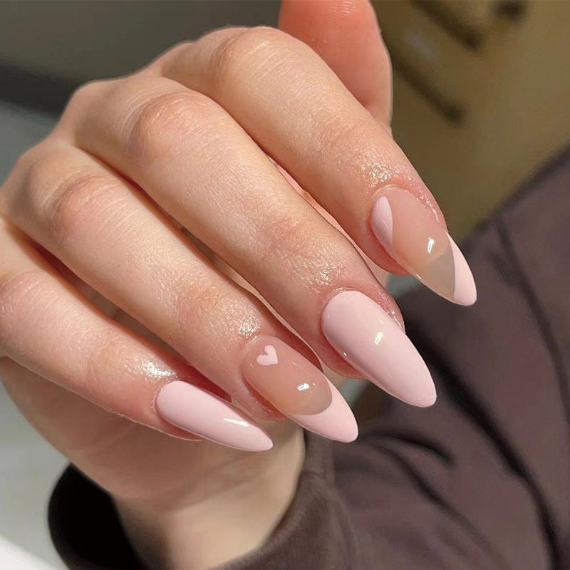 Pink Heart French short almond press-on nails