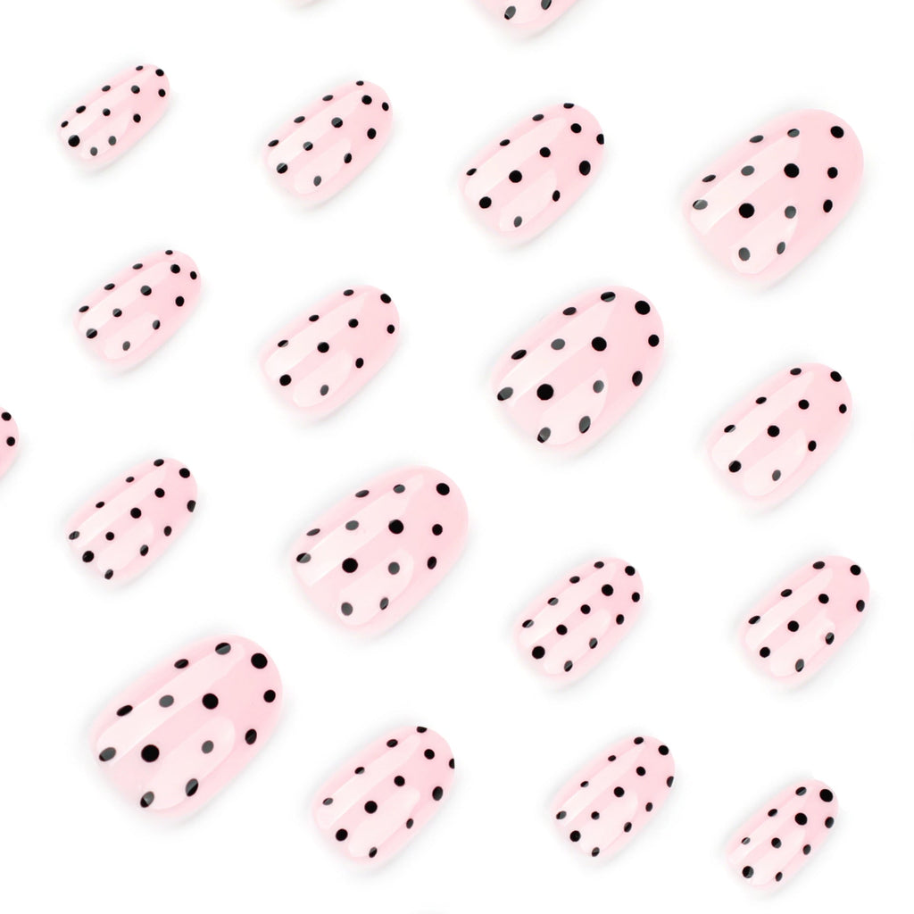 Black Dot Blush short round glossy press-on nails