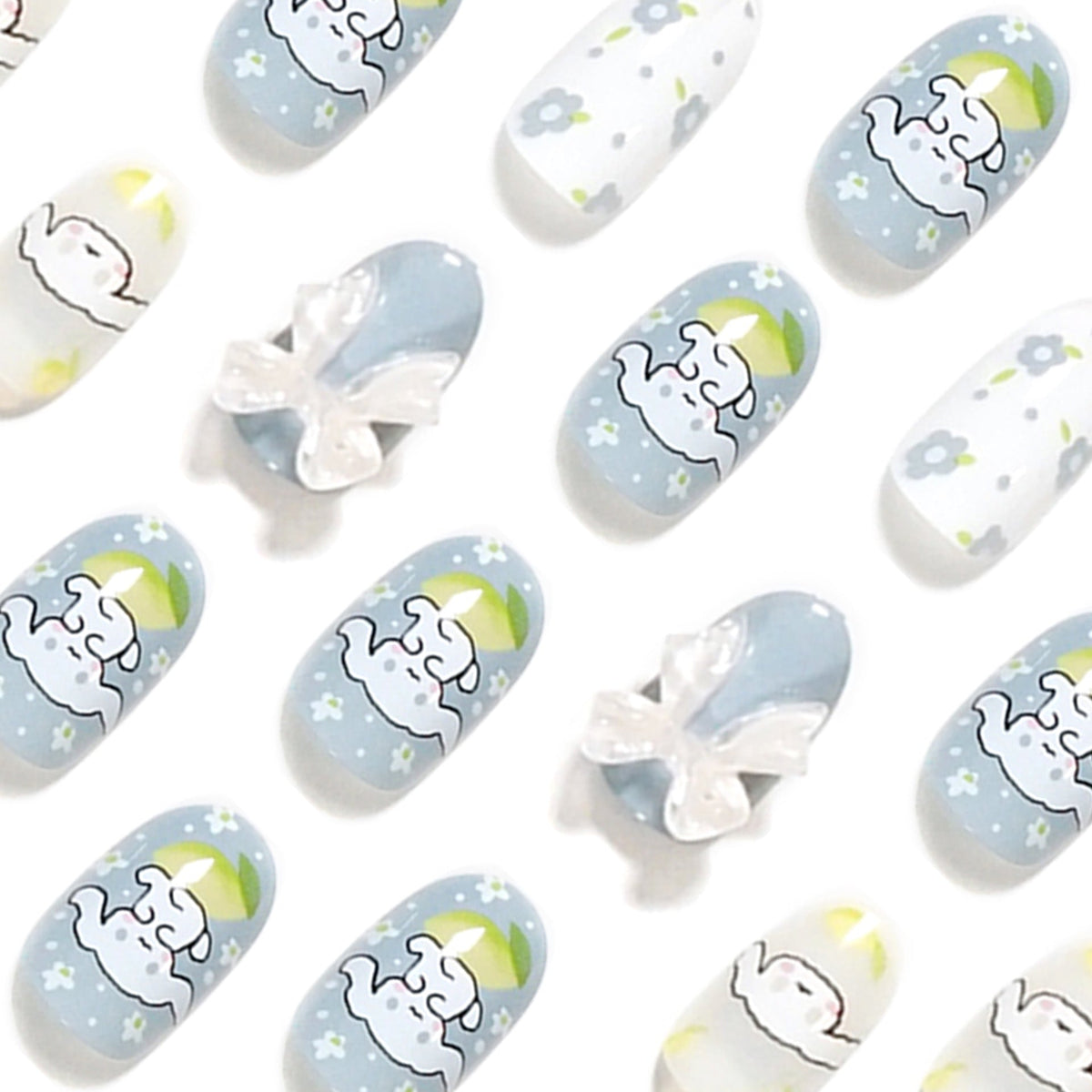 Lemon Bow Garden 3D floral oval press-on nails