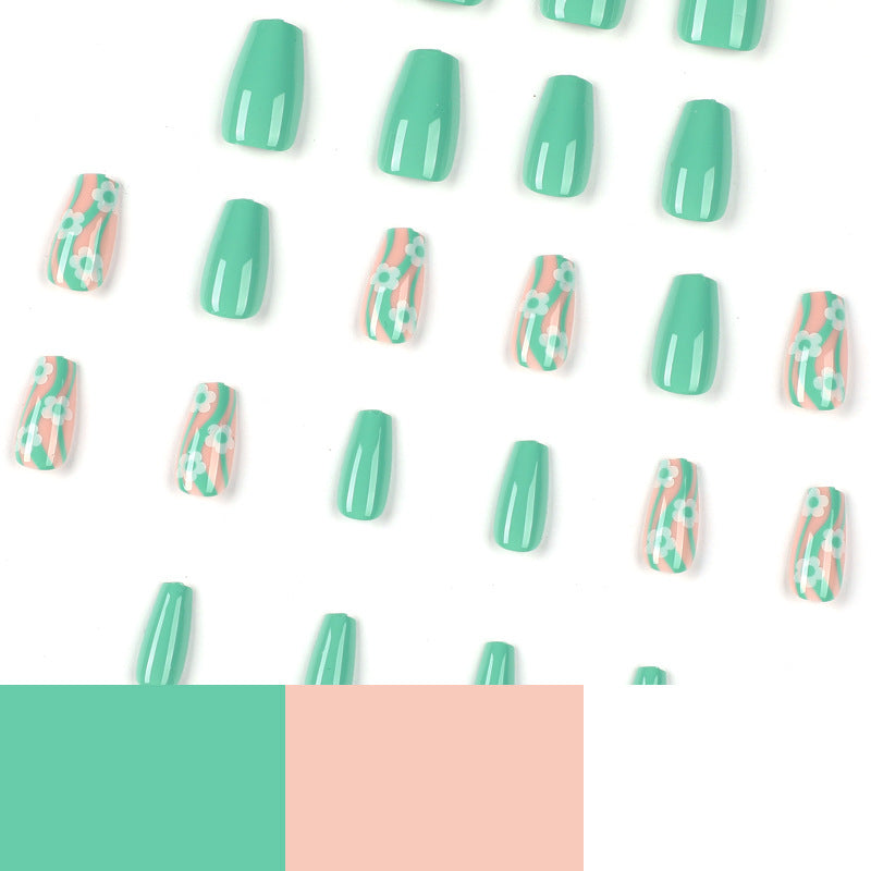 Green Garden Wave short floral press-on nails