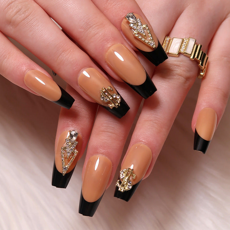 Money Noir French almond 3D rhinestone press-on nails