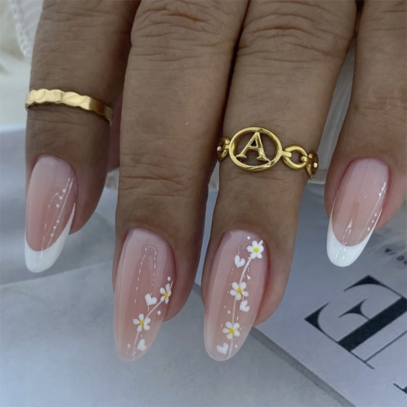 White Blossom French short almond press-on nails