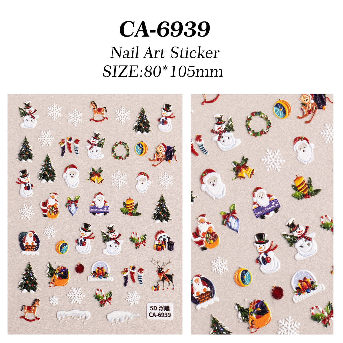 Holiday 5D Santa and elk nail stickers