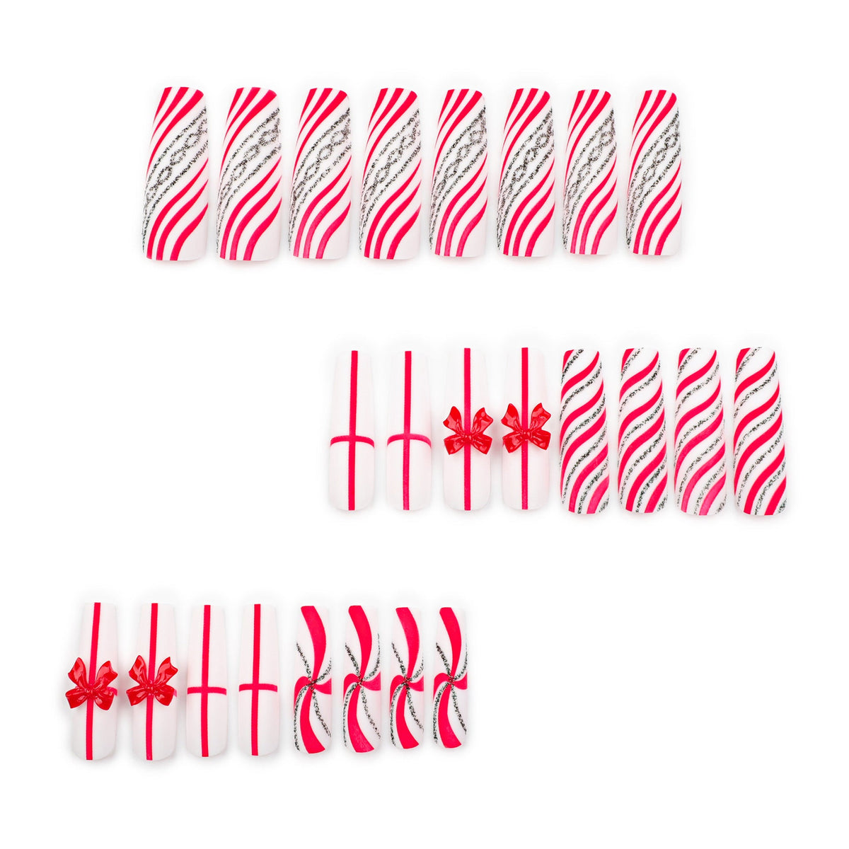 Candy Cane Bow extra long holiday press-on nails
