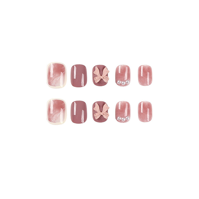 Ruby Pearl Bow short press-on nails