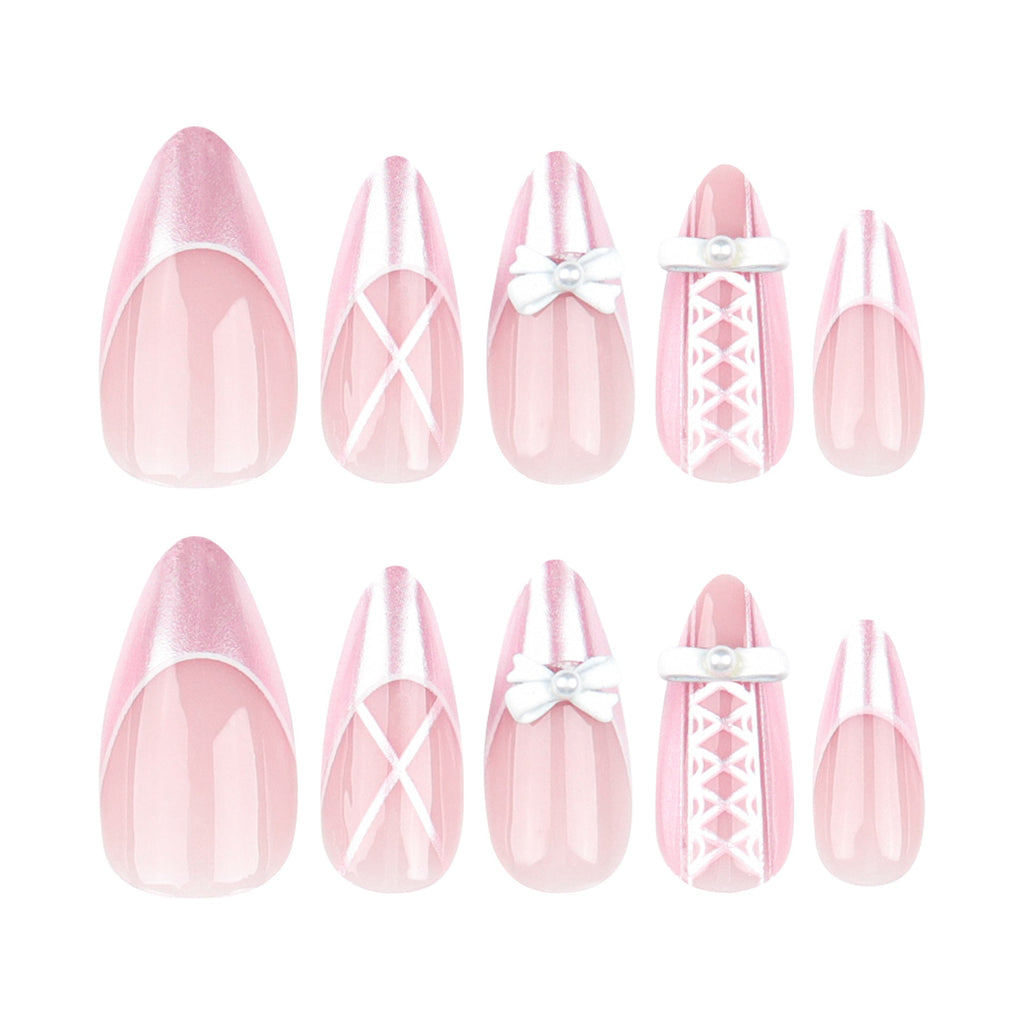 Pink Bow Pearl French almond press-on nails