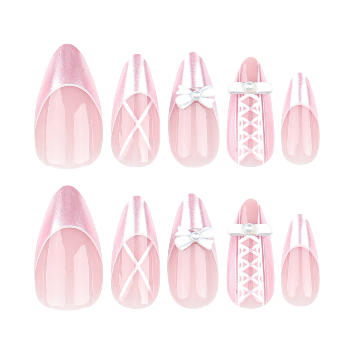 Pink Bow Pearl French almond press-on nails